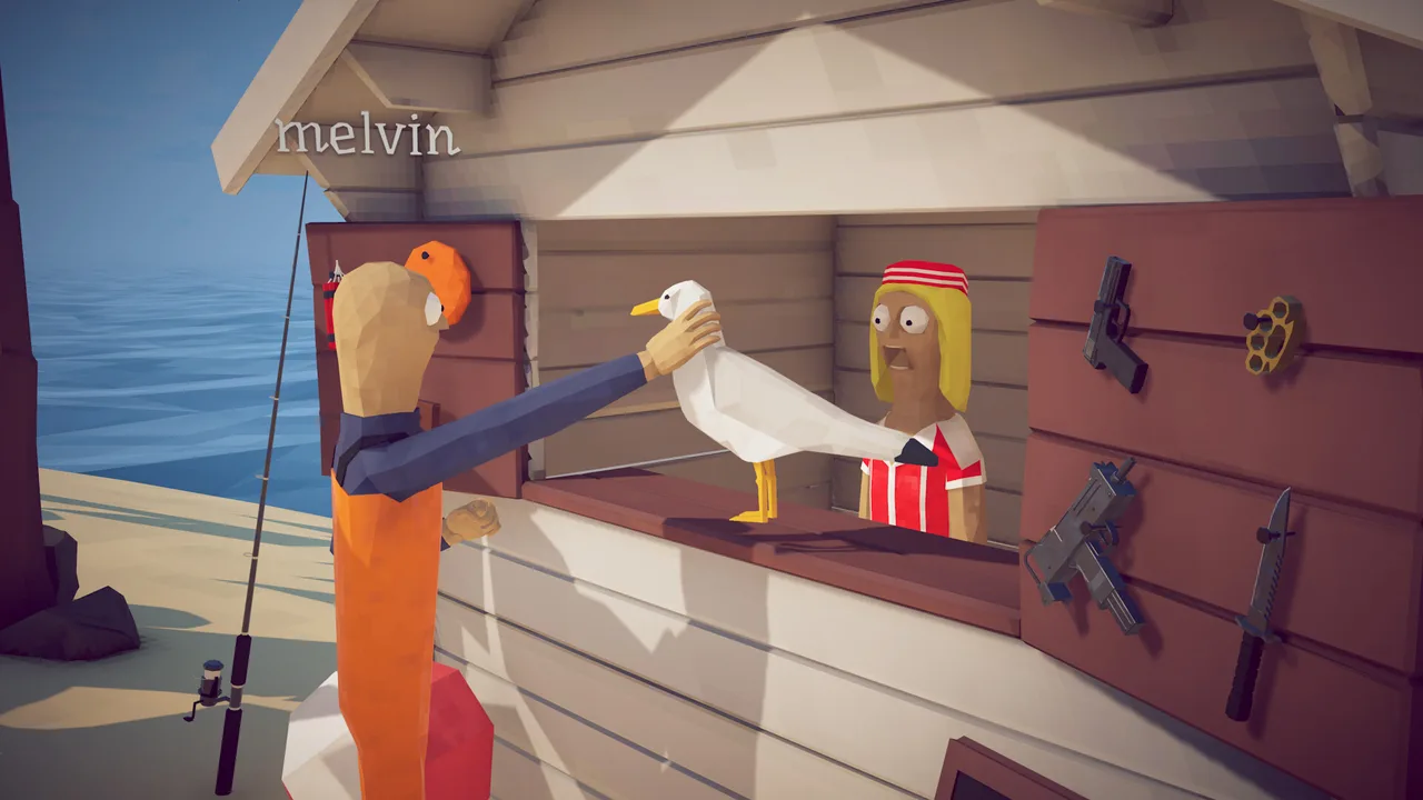 A player trading a goose at an island weapon shop in How to Fish