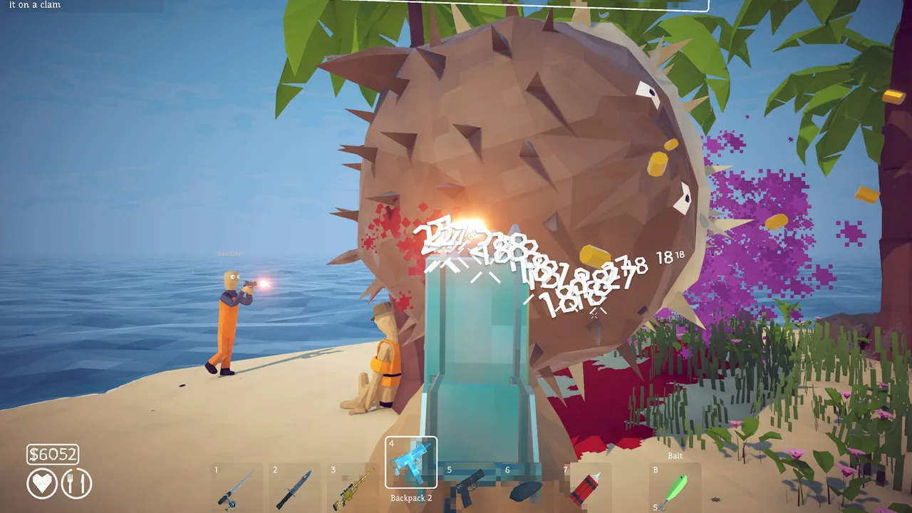 Two players fighting a giant pufferfish boss on a bright tropical island in How to Fish